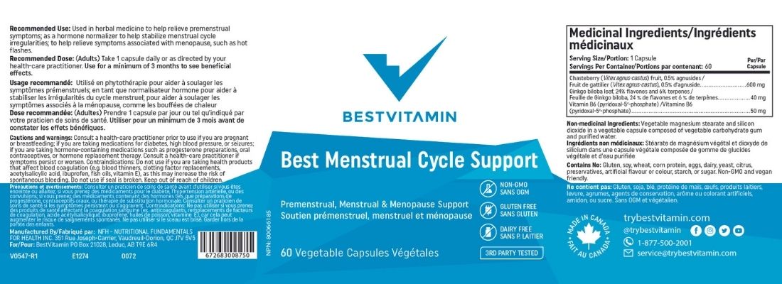Bestvitamin Best Menstrual Cycle Support, Helps with irregular menstruation, mood imbalances, breast tenderness, irritability, & cramping, 60 Vegetable Capsules, Clearance 50% Off, Final Sale