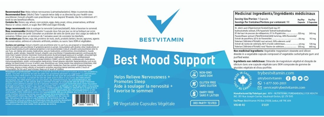 BestVitamin Best Mood Support, Helps relieve nervousness & sleep disturbances, 90 Vegetable Capsules, Clearance 50% Off, Final Sale