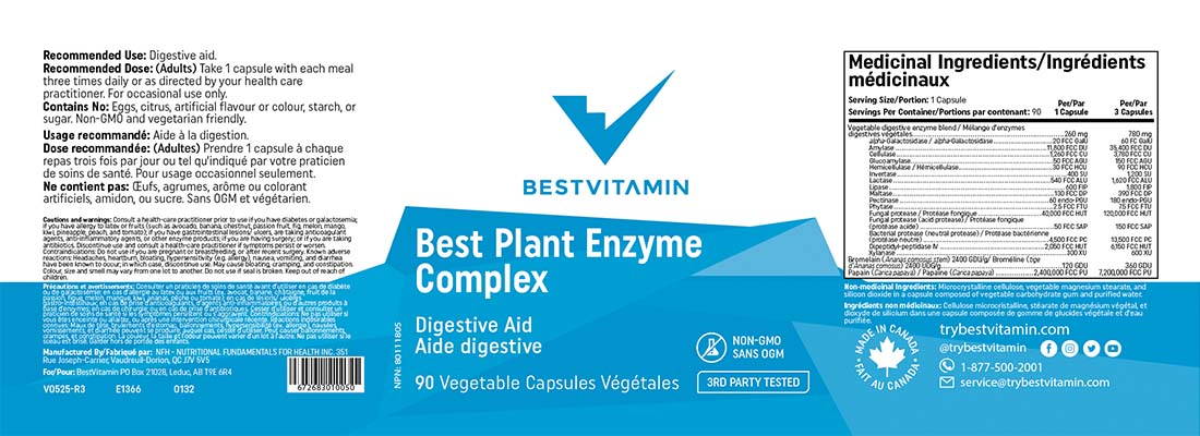 BestVitamin Best Plant Enzyme Complex 780mg, Digestive Aid, 90 Vegetable Capsules