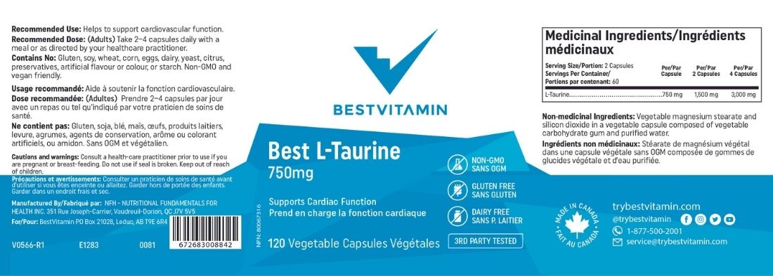 Bestvitamin Best Taurine 750mg, Non-GMO, 120 Vegetable Capsules