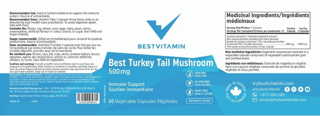 BestVitamin Best Turkey Tail 500mg, Coriolus, Anti-Microbial Immune Support, 60 Vegetable Capsules