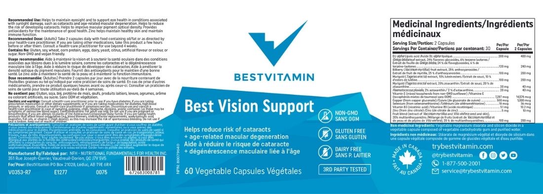 Bestvitamin Best Vision Support, Helps prevent degenerative eye disease, 60 Vegetable Capsules