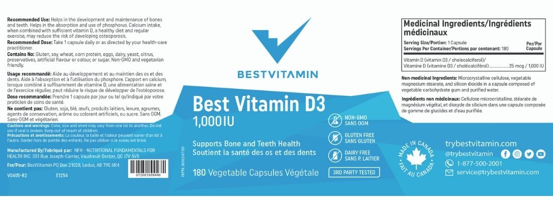 BestVitamin Best Vitamin D3 Capsules 1000IU, Non-GMO, Vegetarian Friendly, 180 Vegetable Capsules