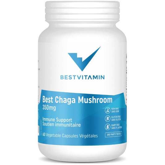 BestVitamin Best Chaga Mushroom 350mg, Anti-microbial immune support, Non-GMO, 60 Vegetable Capsules