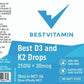 BestVitamin Best D3 and K2 Drops, Vitamin K MK-7 30mcg & Vitamin D3 250IU in MCT Oil, 500 Drops, 15ml