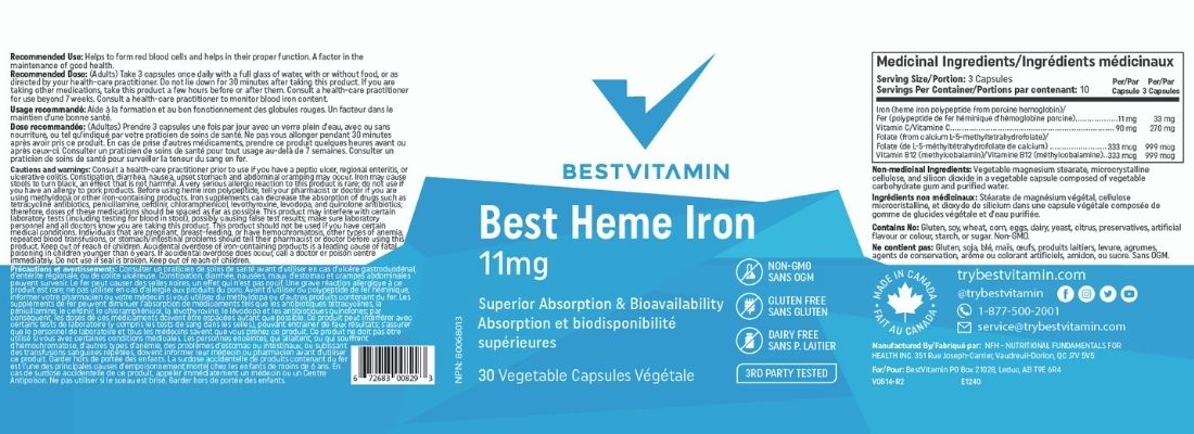 BestVitamin Best Heme Iron 11mg Plus Vitamin C, Folate & B12, Highly bioavailable form of iron, Vegetable Capsules