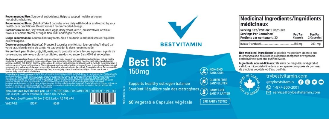 Bestvitamin Best I3C 150mg, Indole-3-carbinol, Supports healthy estrogen balance, 60 Vegetable Capsules