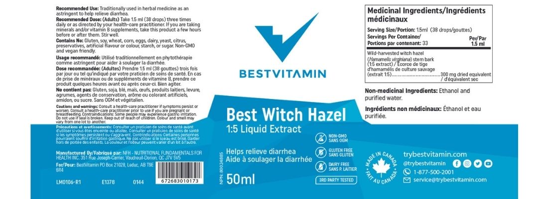 BestVitamin Best Witch Hazel 300mg, 1:5 Liquid Extract, Wild harvested organic witch hazel stem bark
