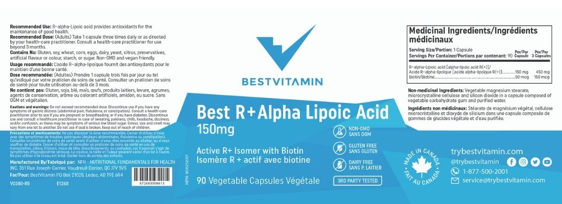 BestVitamin Best R+ Alpha Lipoic Acid 150mg Plus Biotin 50mcg, ALA, Non-GMO, 90 Vegetable Capsules