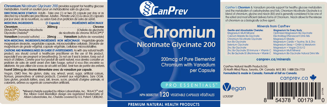 CanPrev Chromium Nicotinate Glycinate 200, 120 Capsules