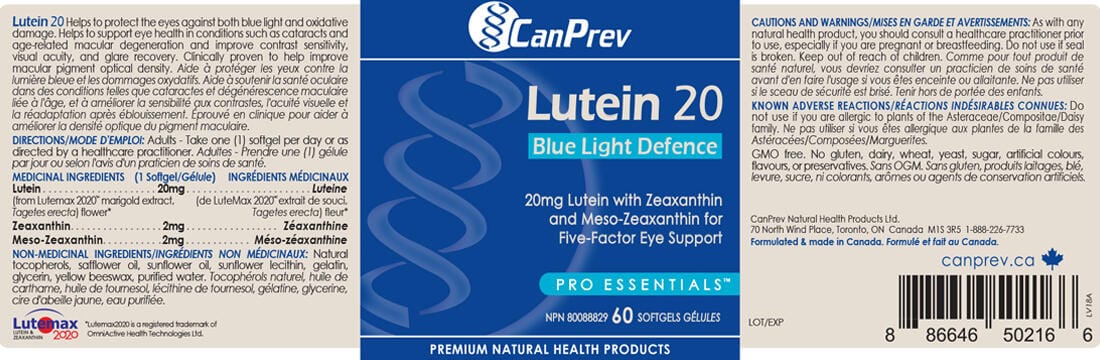 CanPrev Lutein 20mg Blue Light Defence (With Zeaxanthin & Meso-Zeaxanthin), 60 Softgels