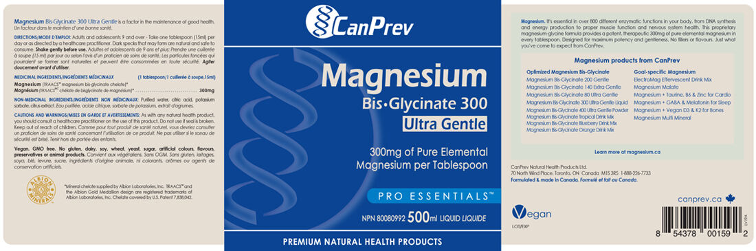 Unflavoured | CanPrev Magnesium Bis-Glycinate 300 Ulta Gentle 500 ml botte // unflavoured