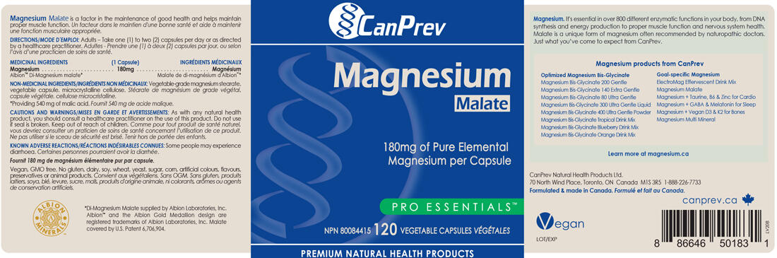 CanPrev Magnesium Malate 180mg, 120 Vegetable Capsules