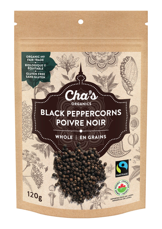 Chas Organics Whole Black Peppercorns, Case of 6 x 120g