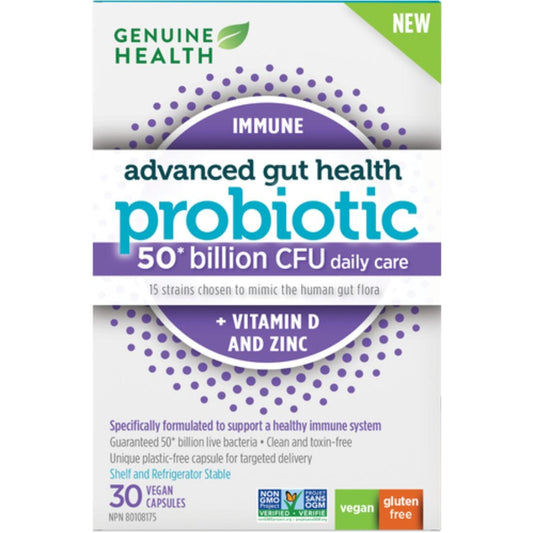 Genuine Health Advanced Gut Health Probiotic Immune 50 Billion CFU with Vitamin D and Zinc, 30 Capsules
