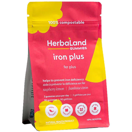 Herbaland Iron Plus 9mg Iron Gummies, Vegan, Gluten-Free, Sugar-Free, 90 Gummies