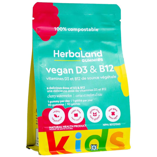 Herbaland Vegan D3 & B12 Gummies for Kids, Vegan, Sugar-Free, Gluten-Free, 90 Gummies