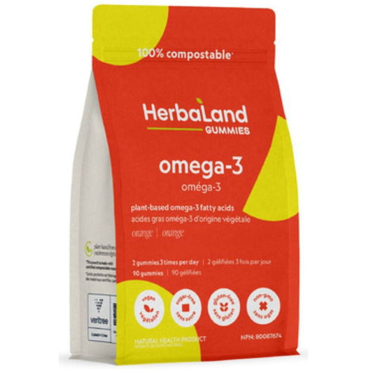 Herbaland Omega-3 Gummies for Adults, Vegan, Orange Flavour, 90 Gummies