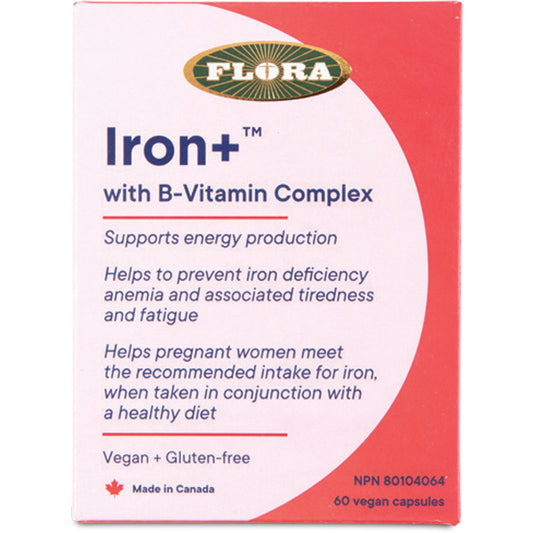 Flora Iron Plus B-Complex, Vegan, Non-constipating, High absorption, 60 Capsules