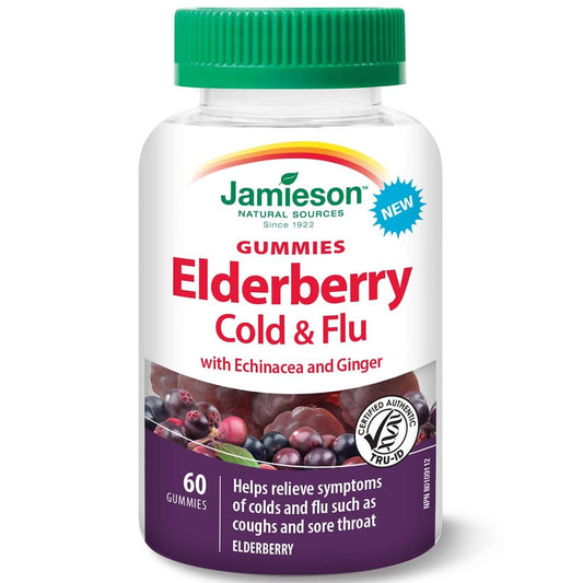 Jamieson Elderberry Cold and Flu Gummies with Echinacea and Ginger, Berry Flavour, 60 Gummies