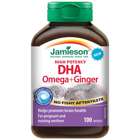 Jamieson High Potency Prenatal DHA Omega-3 + Ginger, No Fishy Aftertaste, 100 Softgels