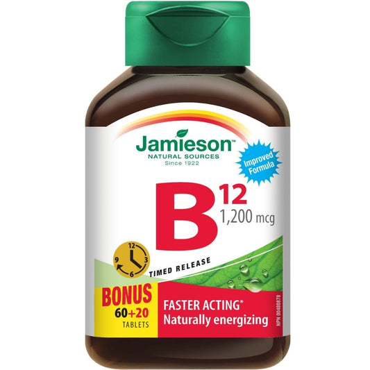 Jamieson Vitamin B12 (Cobalamin), Timed Release, 1200mcg, 60+20 Free Tablets