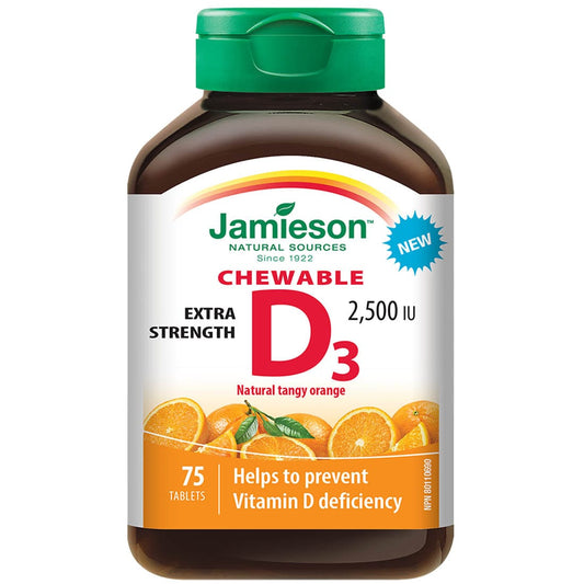 Jamieson Chewable Vitamin D3 2500IU Extra Strength, Orange Flavour, 75 Chewable Tablets