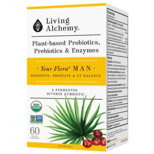 Living Alchemy Your Flora Man, Digestive, Prostate, UT Balance, Plant Based Probiotics, Prebiotics and Enzymes, 60 Vegetable Capsules