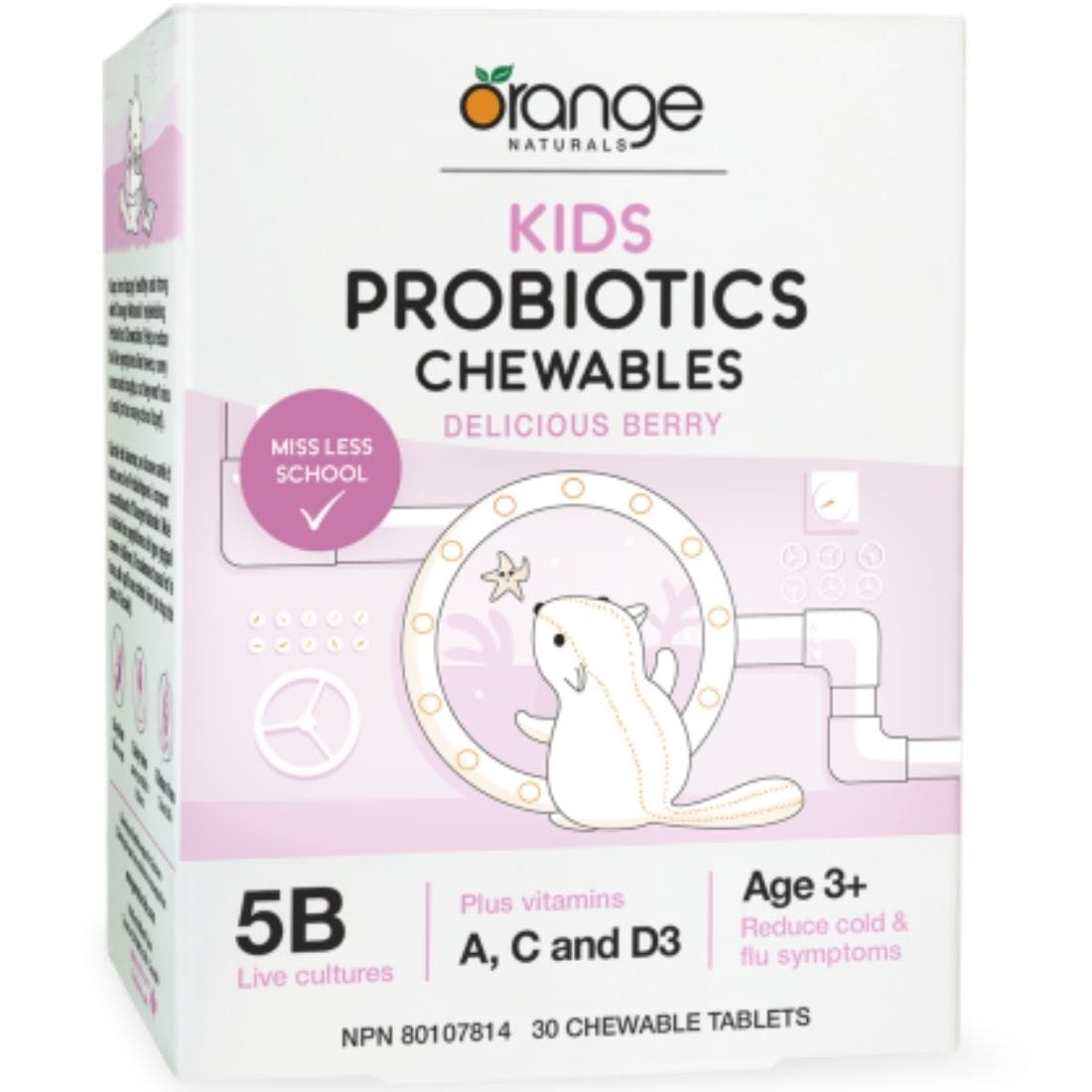 Orange Naturals Kids Probiotics Chewables, 5 Billion Active Cultures, Plus Vitamin A, C, D3, Delicious Berry, 30 Chewable Tablets