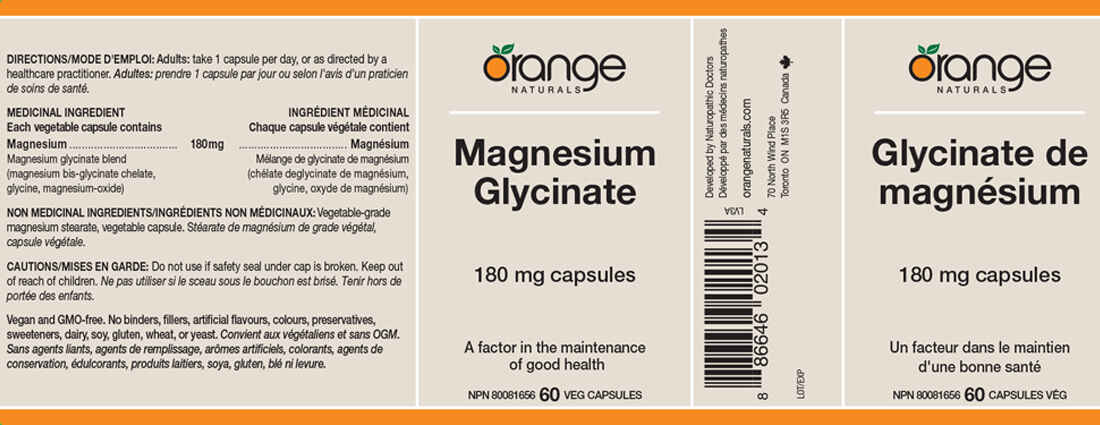 Orange Naturals Magnesium Glycinate 180mg, 60 V-Capsules