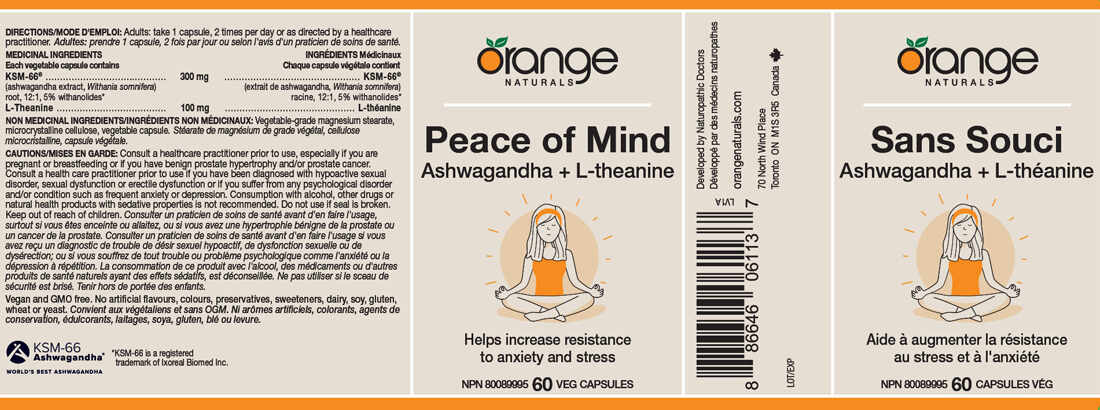 Orange Naturals Peace of Mind, Ashwagandha and L-Theanine, Anxiety and Stress Support, 60 Vegetable Capsules