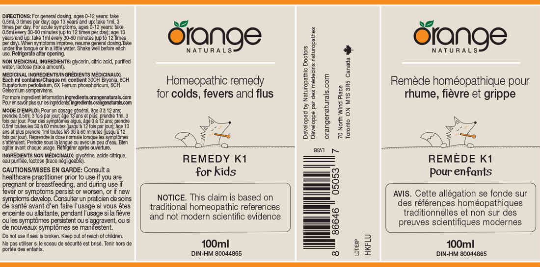 Orange Naturals Remedy K1 (Formerly Cold+Flu for kids) Homeopathic, 100ml