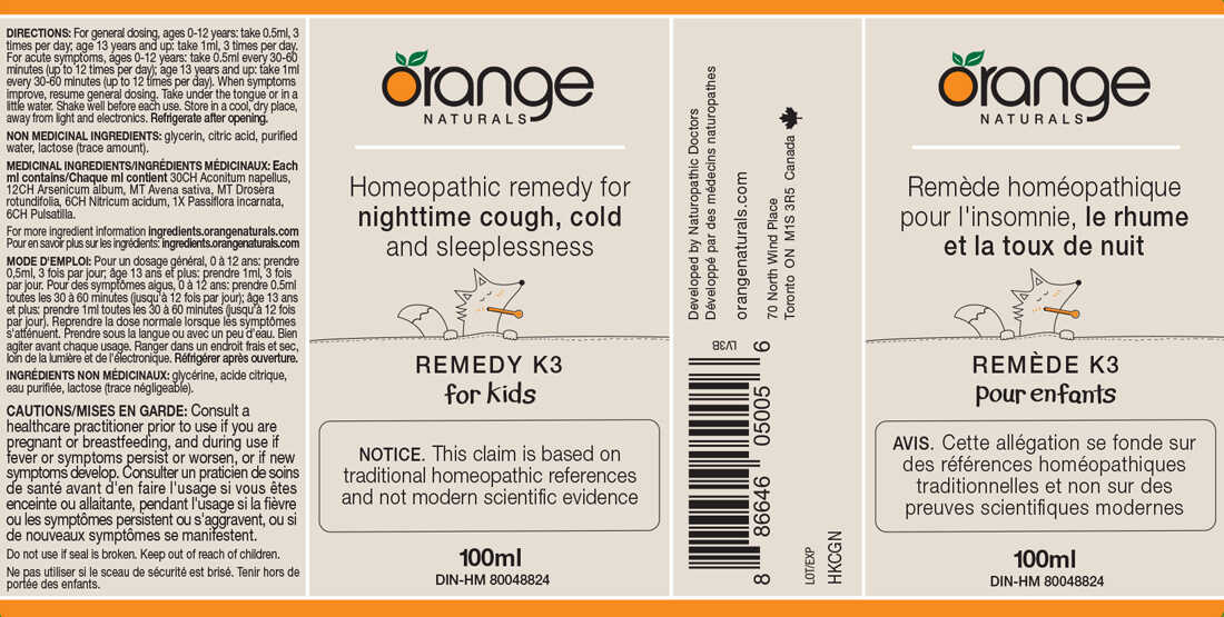 Orange Naturals Remedy K3 (Formerly Cough+Cold Night) For Kids Homeopathic Remedy, 100ml