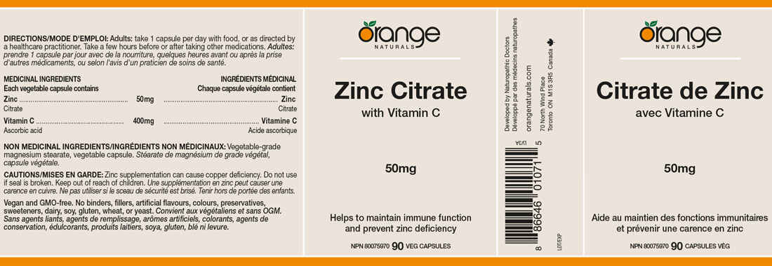 Orange Naturals Zinc Citrate 50mg with Vitamin C, 90 Capsules