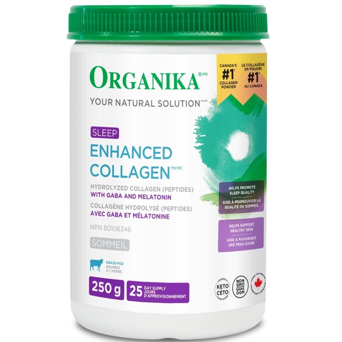 Organika Enhanced Collagen Sleep, Collagen Powder with GABA 100mg and Melatonin 3mg, 250g