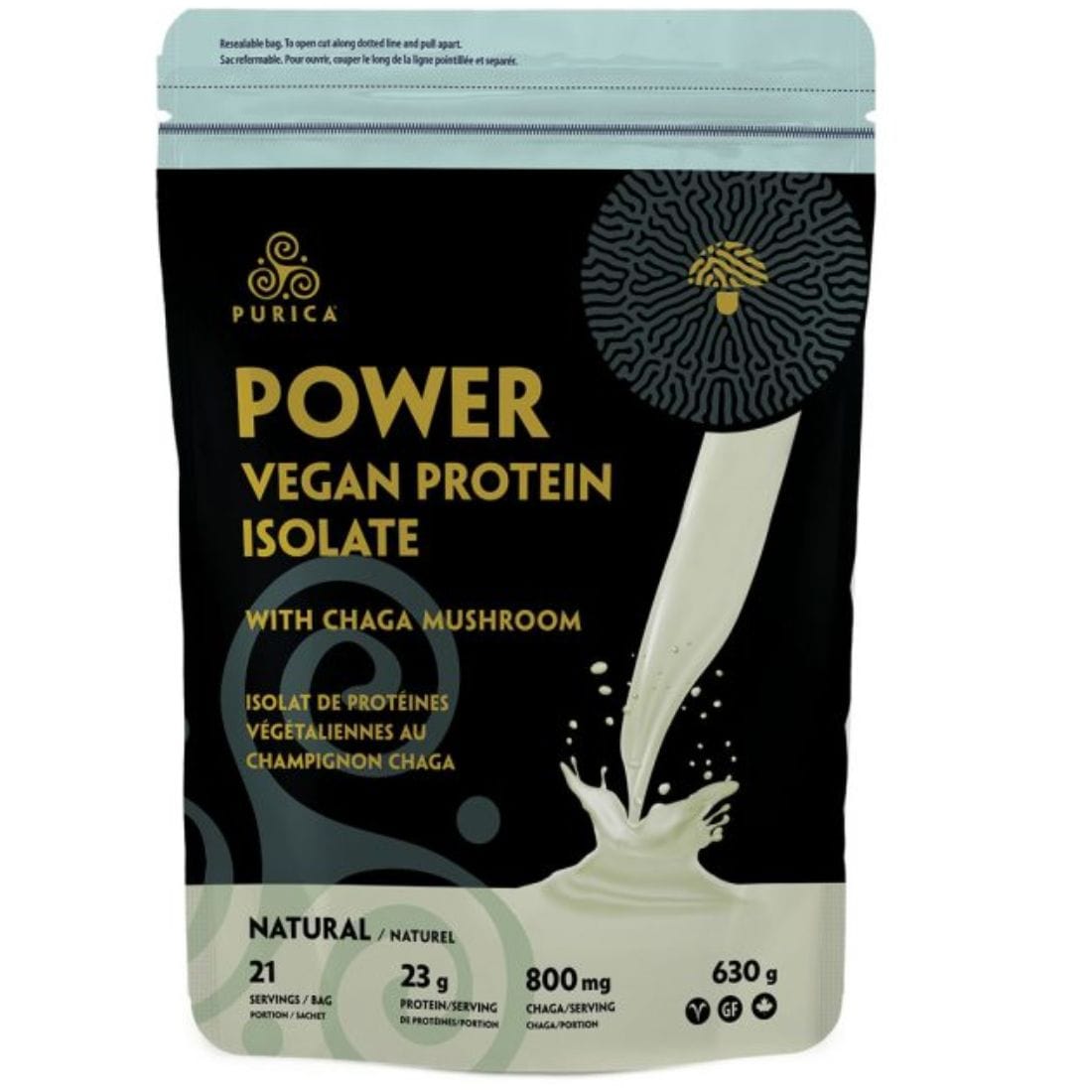 Purica Power Vegan Protein Isolate with 800mg Organic Chaga per Serving, 630g