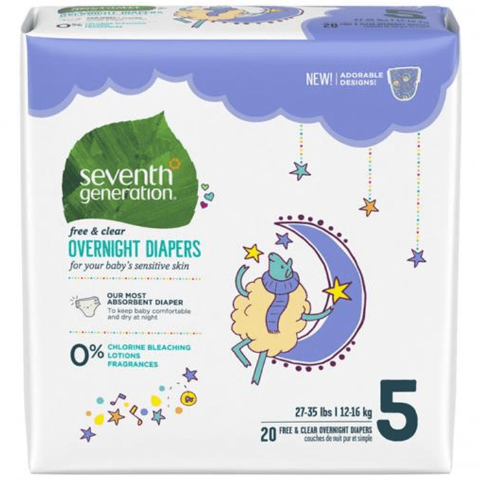 Seventh Generation Free & Clear Overnight Diapers. Ultra Absorbent, No chlorine bleaching, lotions, or fragrances added