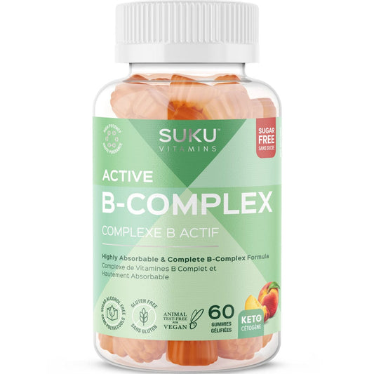 Suku Vitamins Active B-Complex Gummies, Gluten-Free, Peach Flavour, 60 Vegan Gummies