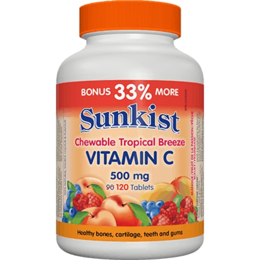 Sunkist Vitamin C, Chewable, 500mg, BONUS! 33% More, 90+30 Tablets
