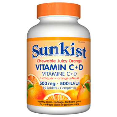 Sunkist Vitamin C + D, Chewable Juicy Orange, 500mg/500IU, 80 Chewable Tablets