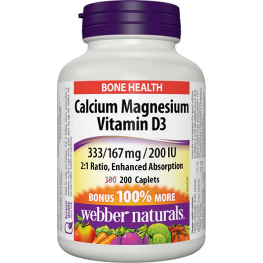 Webber Naturals Calcium Magnesium with Vitamin D3, 333mg/167mg/200IU, Enhanced Absorption, 200 Caplets