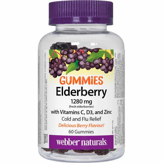 Webber Naturals Elderberry 1280mg Plus Vitamin C, D3 and Zinc, Cold and Flu Relief, 60 Gummies