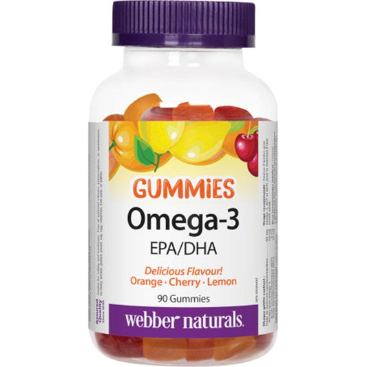 Webber Naturals Omega-3 DHA Gummy, 50mg, EPA 8mg, DHA 42mg, Orange, Cherry, Lemon, 90 Gummies