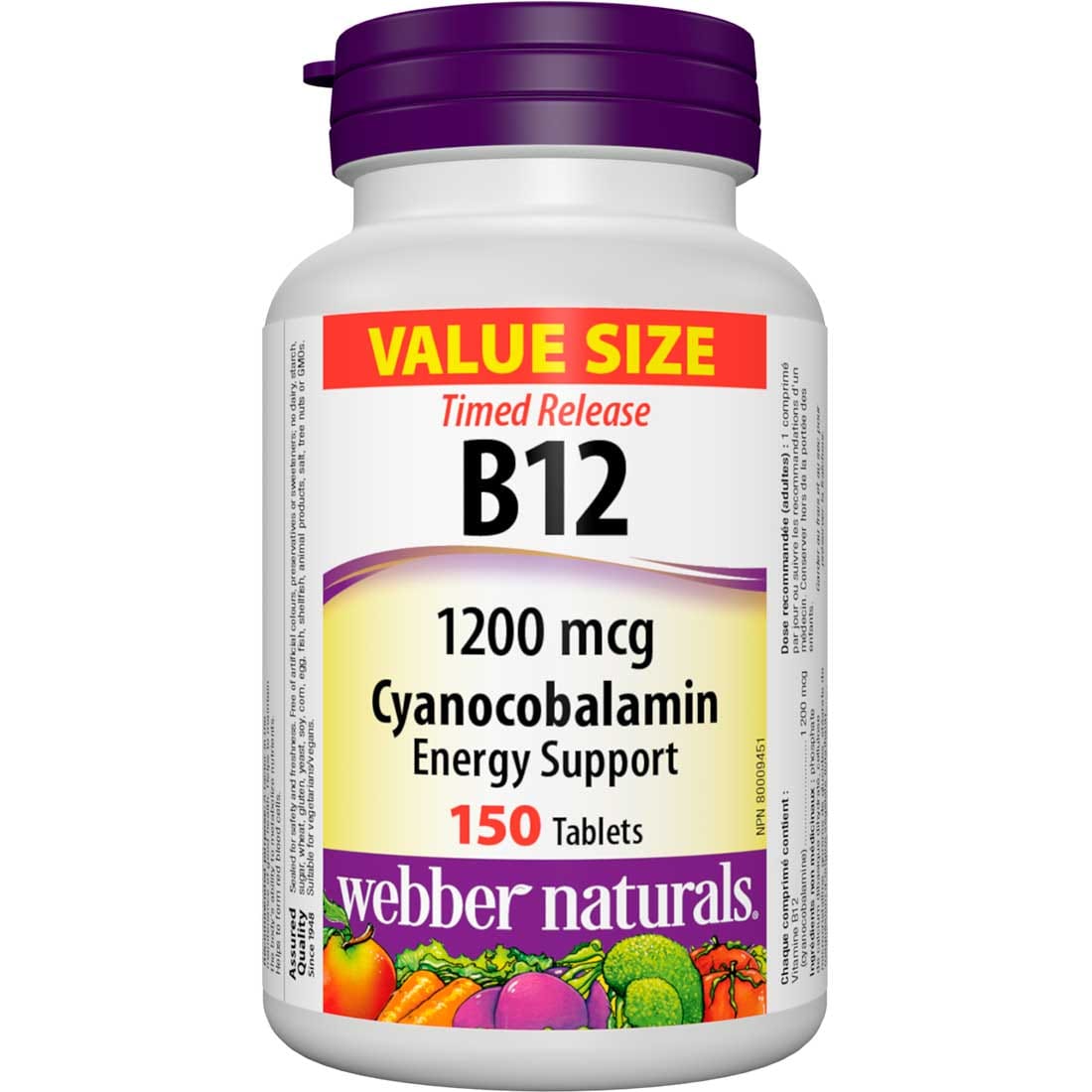 Webber Naturals Vitamin B12 Cyanocobalamin 1200mcg, 150 Time Release Tablets