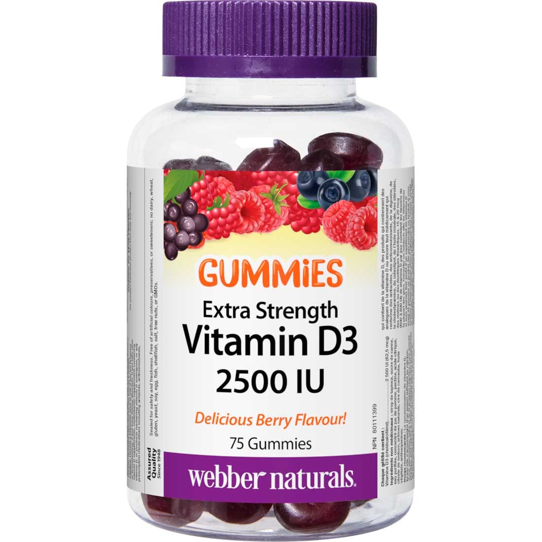 Webber Naturals Vitamin D3 Extra Strength 2500IU, Berry Flavour, 75 Gummies
