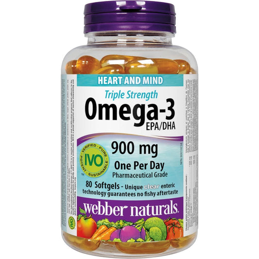 Webber Naturals Omega-3 EPA 600mg, DHA 300mg, Triple Strength, 900mg, 80 Clear Enteric Softgels